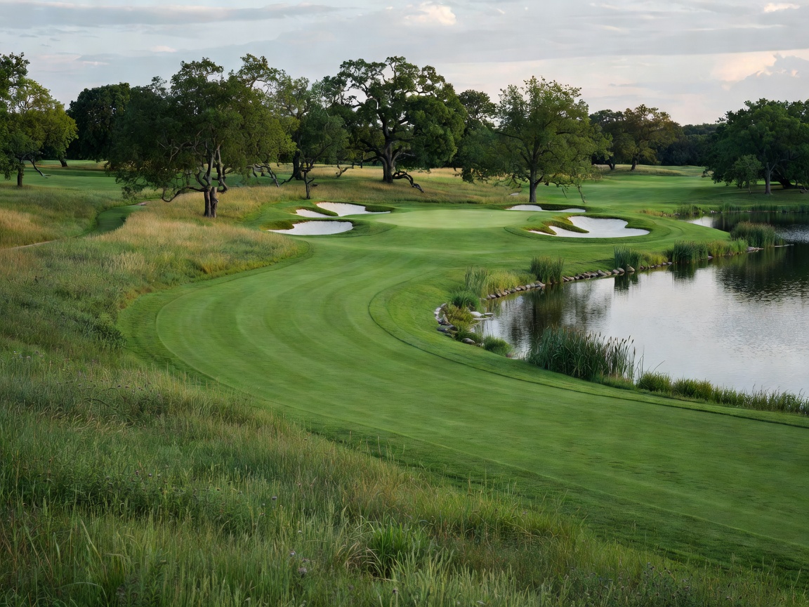 An elevated tee looking down over a dogleg fairway, with rough on one side, a pond on the other and the green tucked behind bunkers