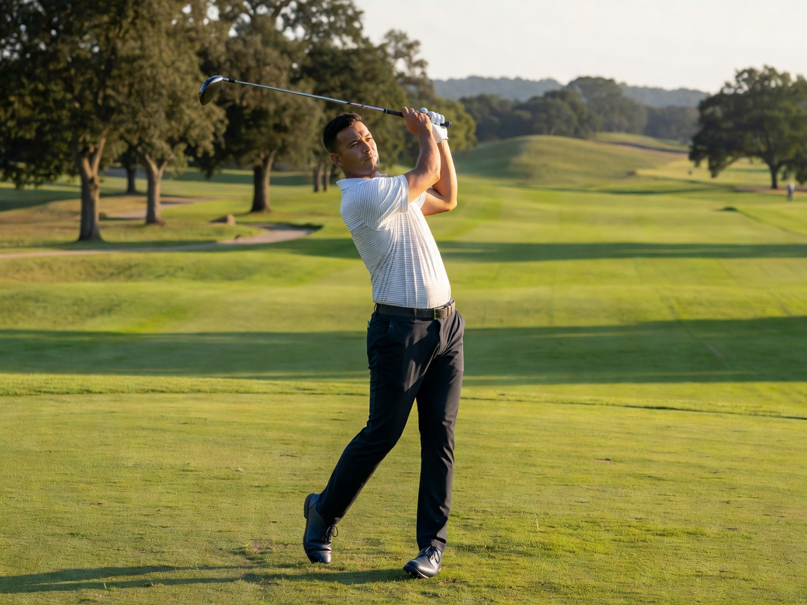 A golfer holding a balanced follow-through position after a driver swing, weight on the front foot and chest facing the target