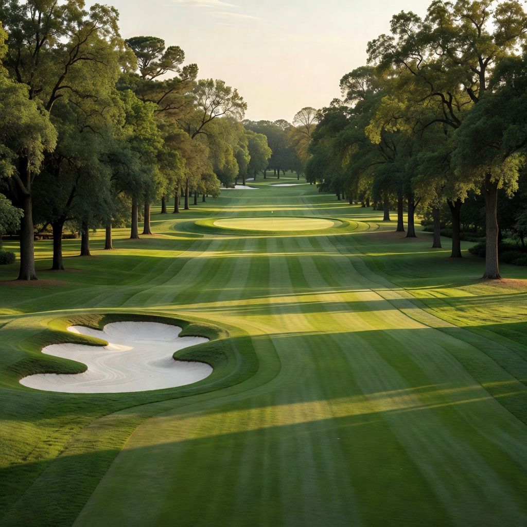View down a tree-lined fairway from the tee box, with a bunker guarding the left side and the green in the distance