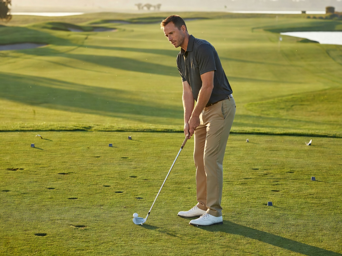 A golfer settling into their address position over an iron on a practice tee, with the fairway stretching into the distance