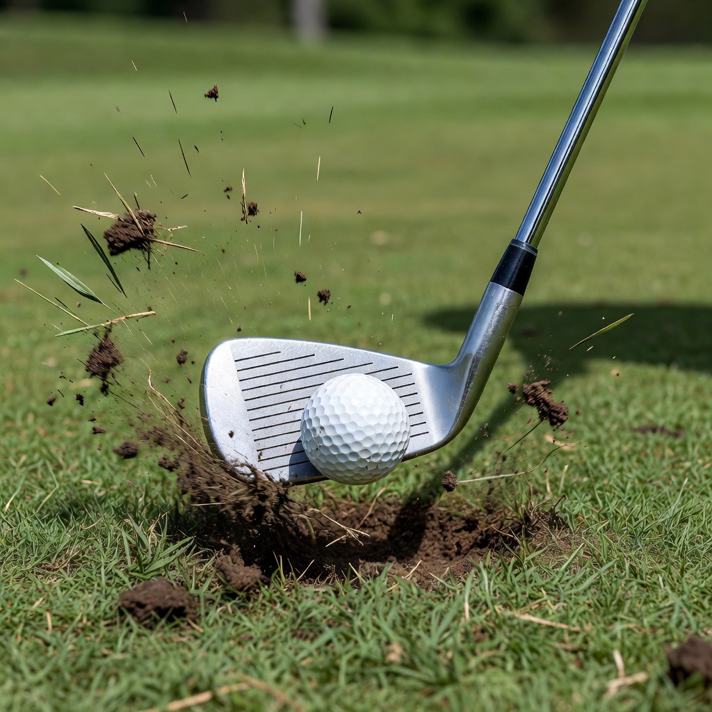 Close view of an iron striking the ball with the clubhead low through impact and turf lifting behind it