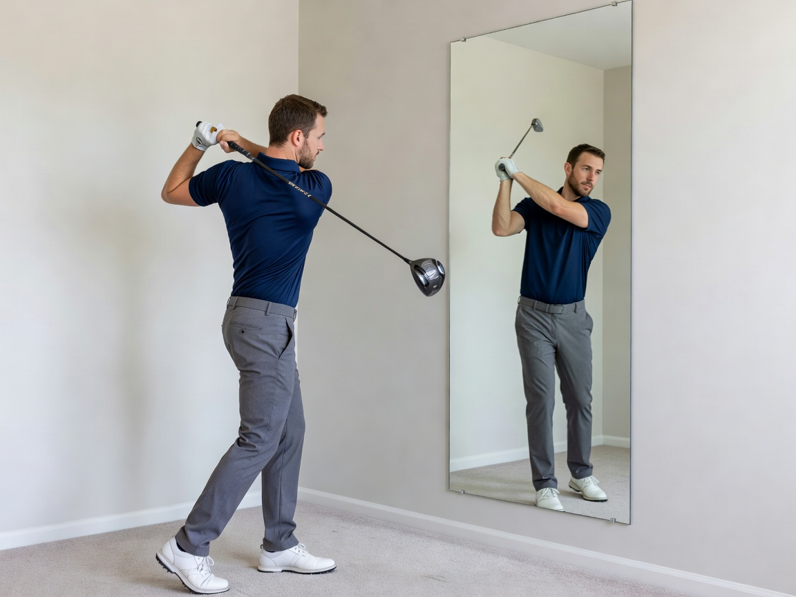 A golfer checking their backswing position in a full-length mirror indoors, club held at the top and eyes on the reflection