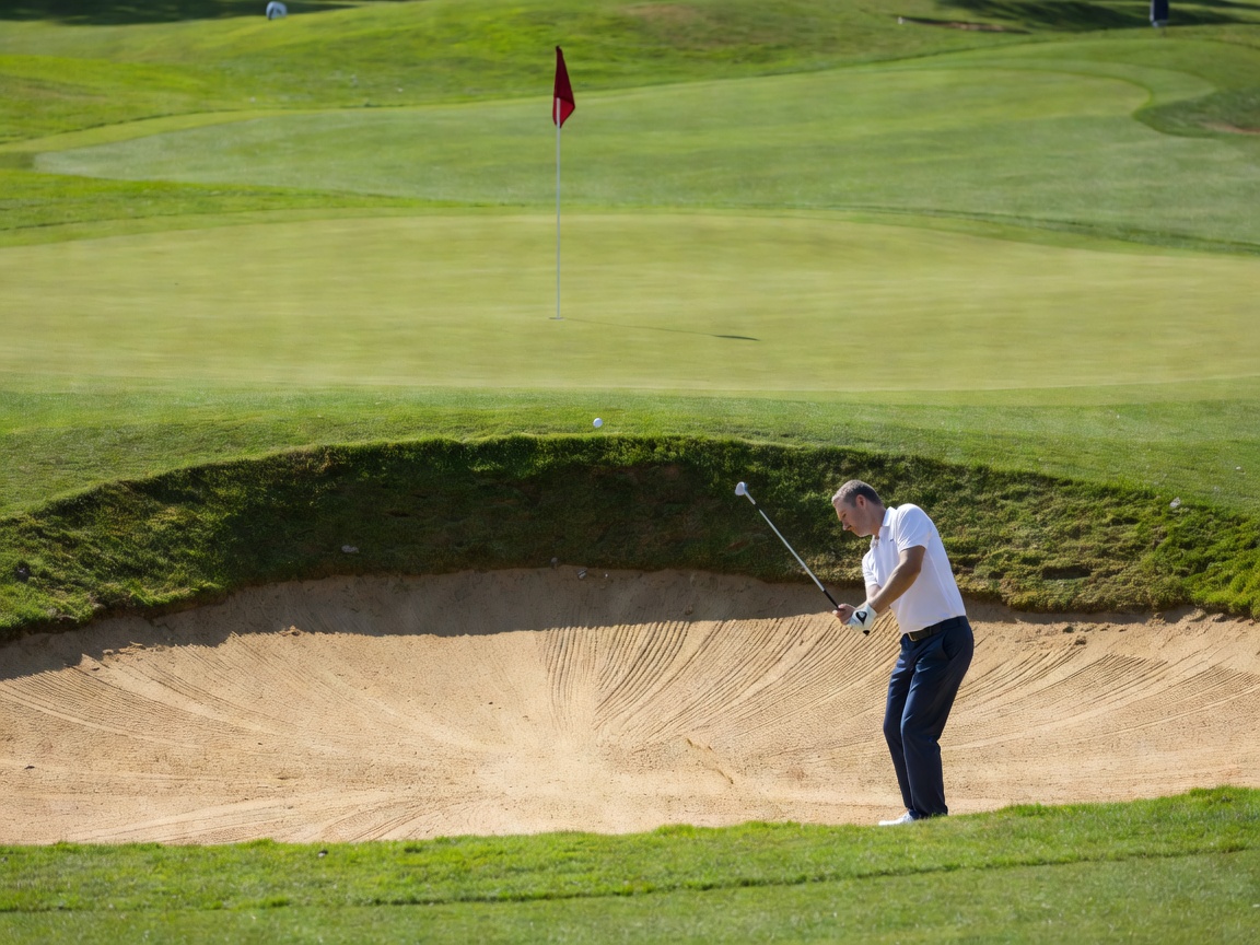 A ball in flight above a greenside bunker toward a flag, with the golfer finishing a compact wedge swing in the foreground