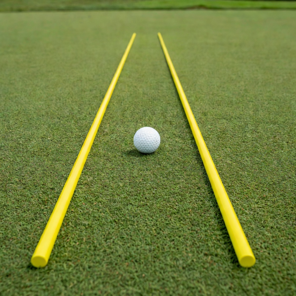 Two alignment sticks laid on a practice mat pointing toward a target, with a ball set between them