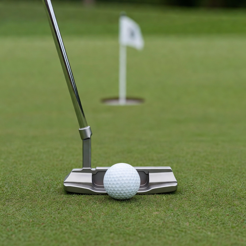 A putter head set square behind a ball on a closely mown green with the hole and flag in soft focus