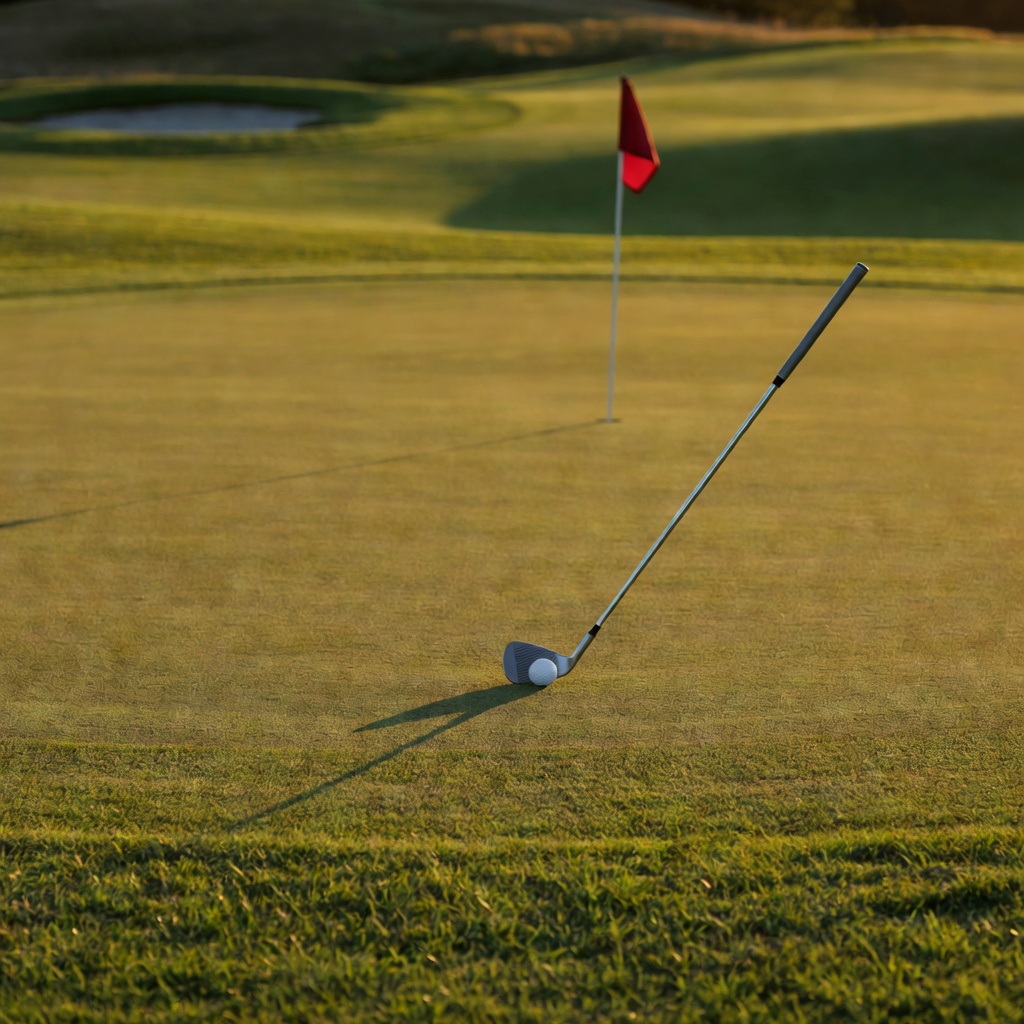 A wedge resting behind a ball on the fringe of a green, with the flag a short distance away